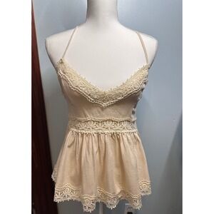 SHEIN Bohemela Beige Linen Blend Crochet Lace Halter Boho fairy Top Small